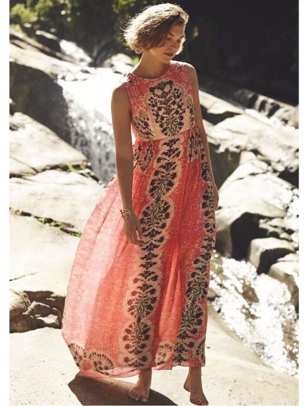 Anthropologie Coral Printed beaded Maxi Dress - Size 6